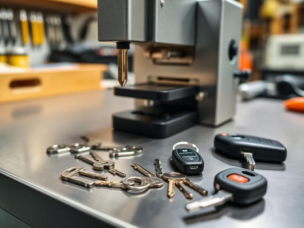 Automotive locksmith cutting a new car key with professional equipment