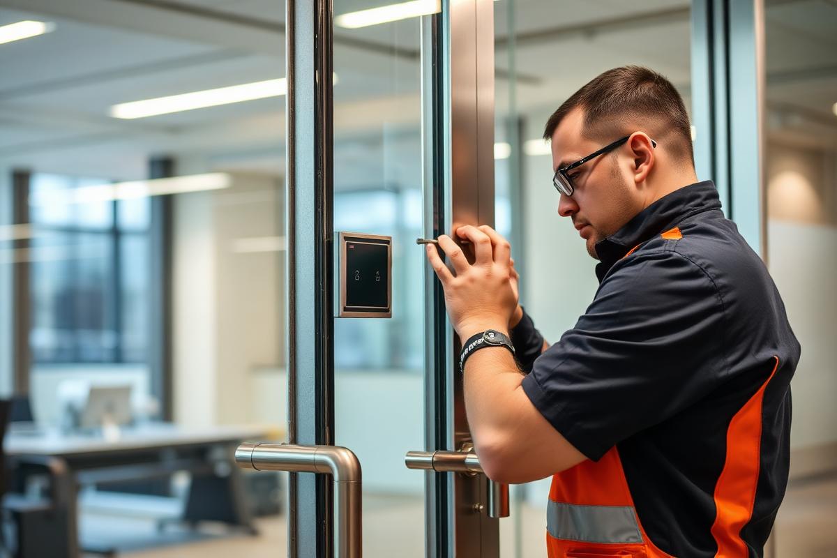Panic bar exit device installed on a commercial glass door