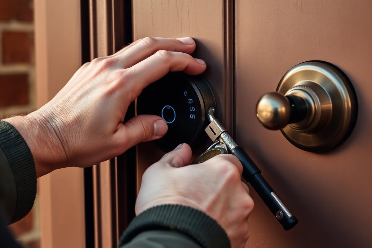 Smart lock installation on a modern residential front door